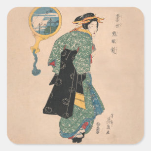 Japanese Kimono Woman: Ukiyo-e Woodblock Print Square Sticker