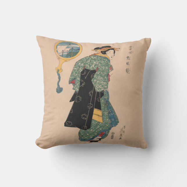 Japanese Kimono Woman: Ukiyo-e Woodblock Print  Throw Pillow (Front)