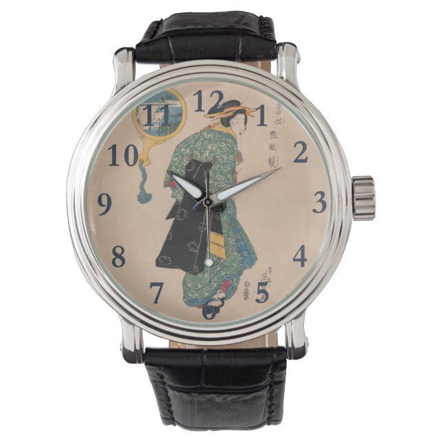 Japanese Kimono Woman: Ukiyo-e Woodblock Print  Watch (Front)