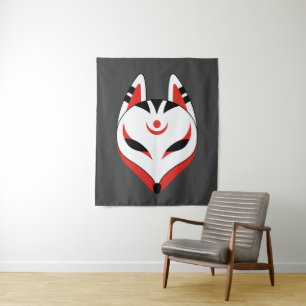 Japanese Kitsune Fox Mask on Dark Grey Tapestry