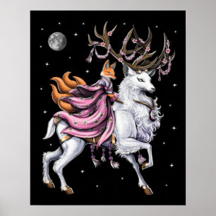 Japanese Kitsune Fox Riding Cherry Blossom Deer Poster