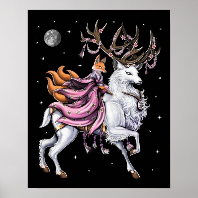 Japanese Kitsune Fox Riding Cherry Blossom Deer Poster (Front)