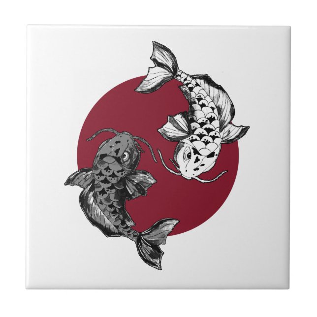 Japanese Koi Carp Circle Red Tile (Front)