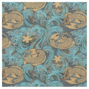Japanese Koi Carp Teal Fabric