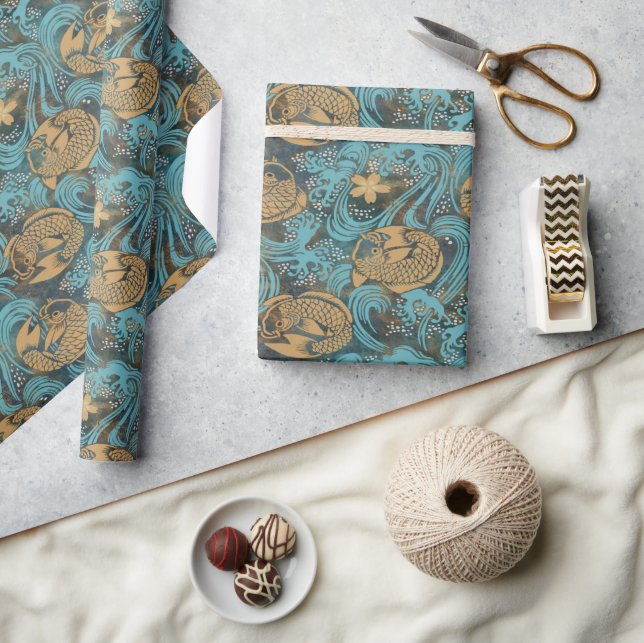 Japanese Koi Carp Teal  Wrapping Paper (Crafts)