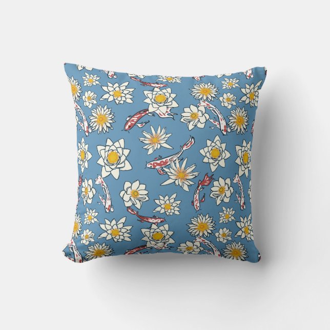 Japanese Koi Fish and Floral Pattern Throw Pillow (Front)