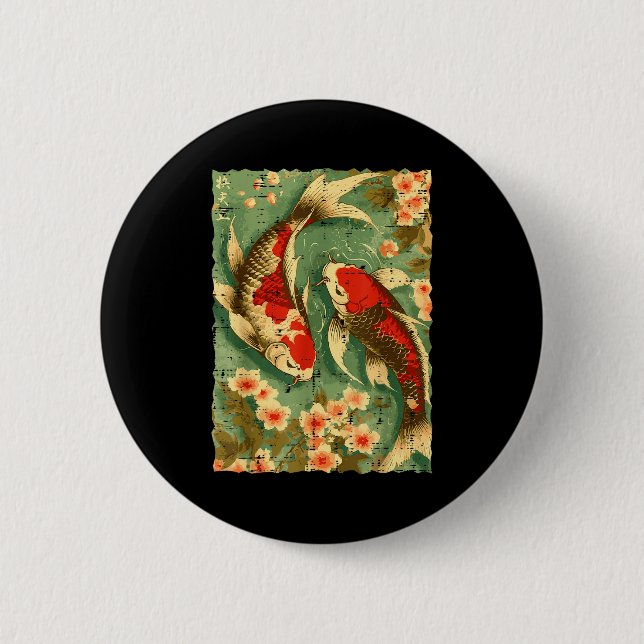Japanese Koi Fish Cherry Blossoms Sakura Art Men W 2 Inch Round Button (Front)