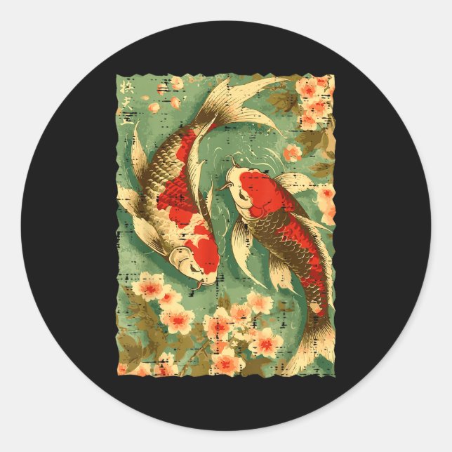 Japanese Koi Fish Cherry Blossoms Sakura Art Men W Classic Round Sticker (Front)