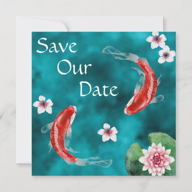 Japanese Koi Fish, Cherry Blossoms Wedding Save Th The Date (Front)