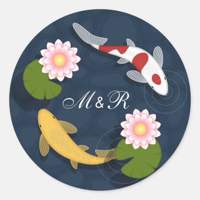 Japanese Koi Fish Monogram Initials Classic Round Sticker (Front)