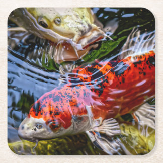 Japanese Koi Fish Pond Square Paper Coaster
