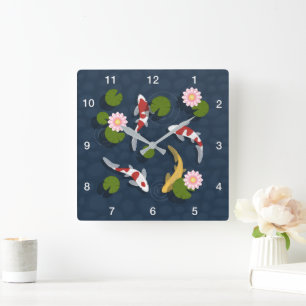 Japanese Koi Fish Pond Square Wall Clock
