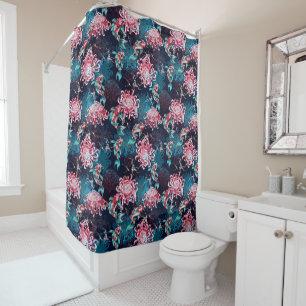 Japanese Koi Fish & Red Chrysanthemums Deep Teal