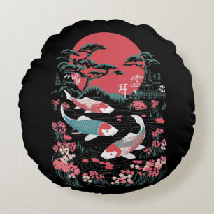 Japanese Koi Fish – Red Sun and Sakura Pond Round Pillow