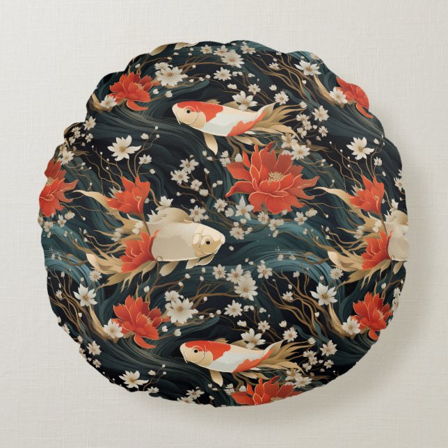Japanese Koi Fish Seamless Pattern Round Pillow (Front)