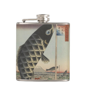 Japanese Koi Hiroshige Fish Festival Flag Hip Flask