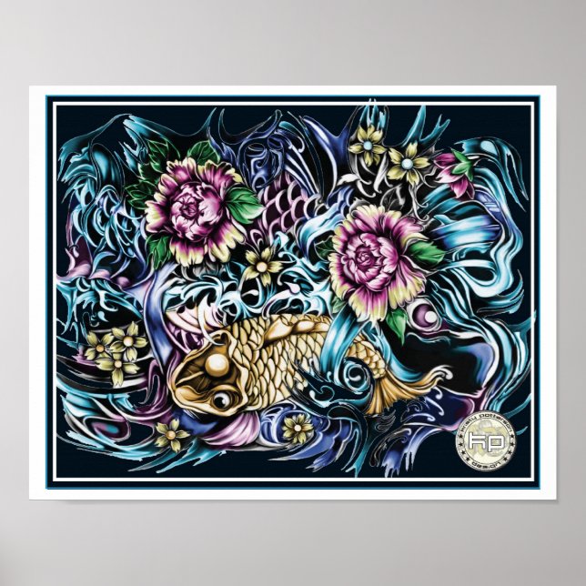 Japanese Koi print on black background (Front)