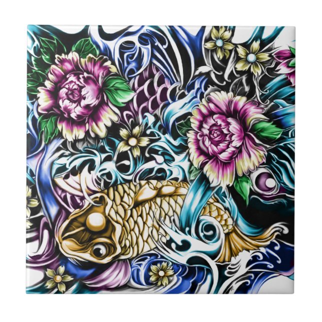 Japanese Koi Tattoo Design Products Tile (Front)