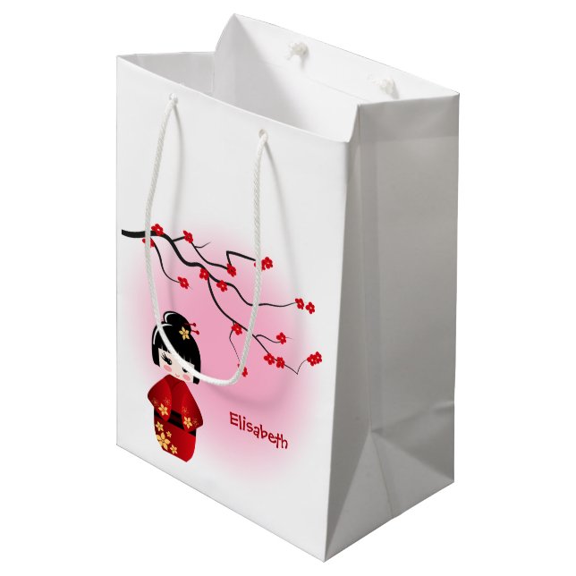 Japanese kokeshi doll at sakura blossoms girls medium gift bag (Front Angled)