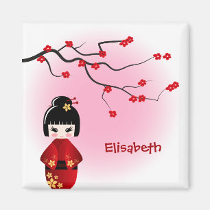 Japanese kokeshi doll at sakura blossoms magnet