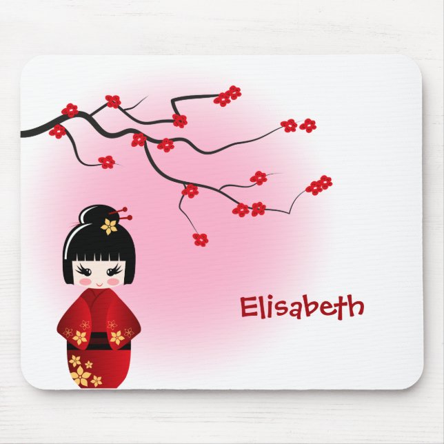 Japanese kokeshi doll at sakura blossoms mouse pad (Front)