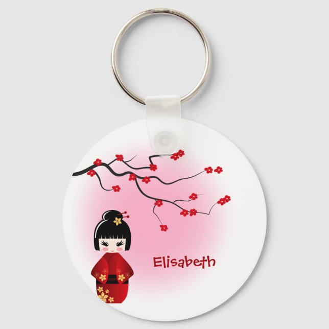 Japanese kokeshi doll at sakura blossoms name keychain (Front)