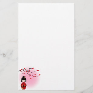 Japanese kokeshi doll at sakura blossoms stationery