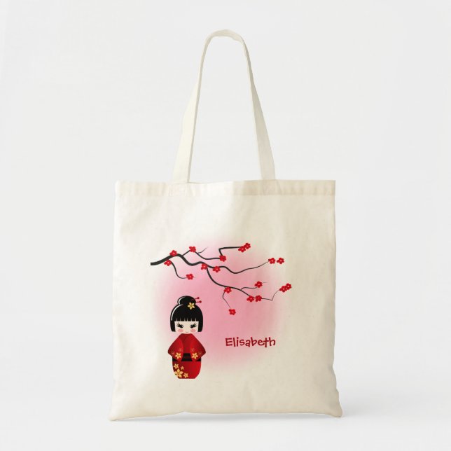 Japanese kokeshi doll at sakura blossoms tote bag (Front)