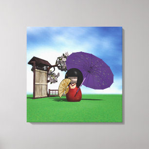 Japanese Kokeshi Doll Cherry Blossom Art Canvas Print