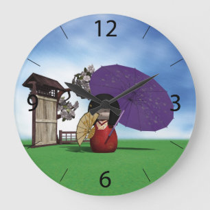 Japanese Kokeshi Doll Cherry Blossom Art Large Clock