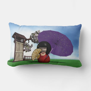 Japanese Kokeshi Doll Cherry Blossom Art Lumbar Pillow