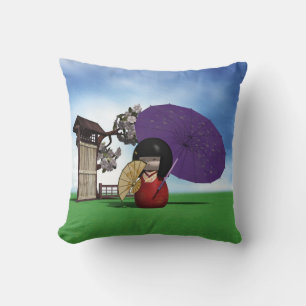 Japanese Kokeshi Doll Cherry Blossom Art Throw Pillow