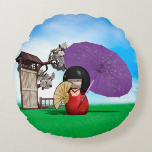 Japanese Kokeshi Doll Nursery Decor Round Pillow