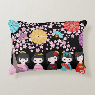 Japanese Kokeshi Dolls Black Accent Pillow