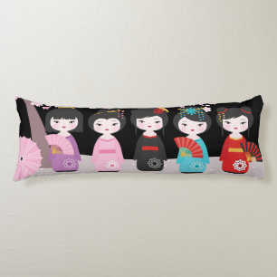Japanese Kokeshi Dolls Black Body Pillow