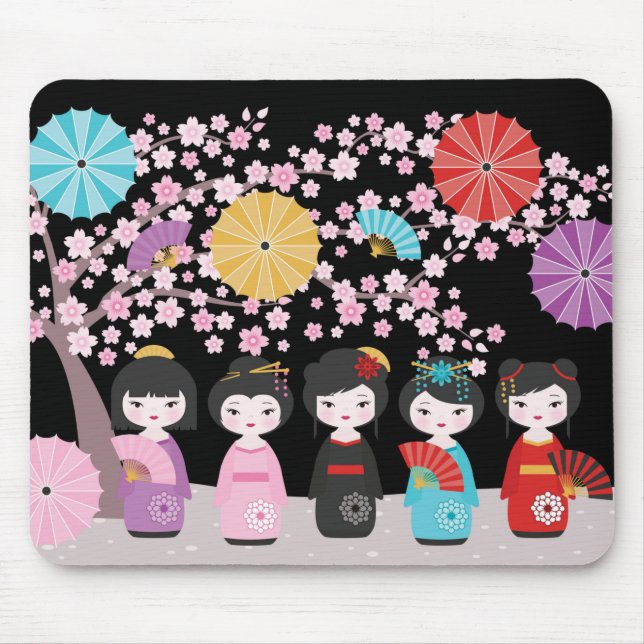 Japanese Kokeshi Dolls Black Mouse Pad (Front)