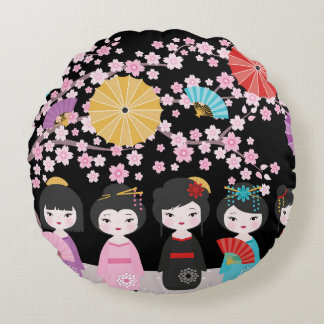 Japanese Kokeshi Dolls Black Round Pillow