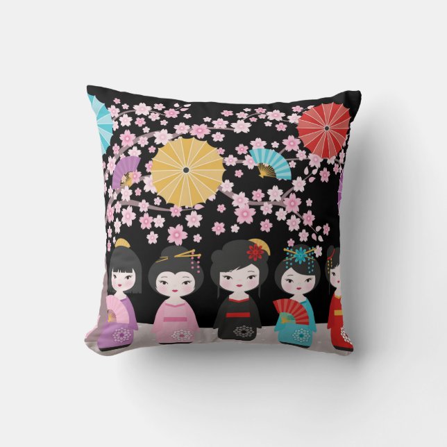 Japanese Kokeshi Dolls Black Throw Pillow (Front)