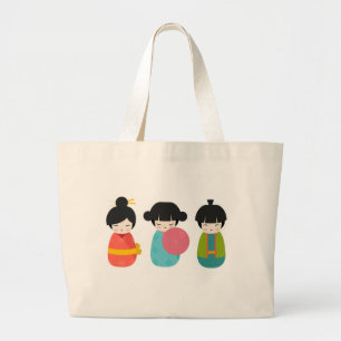 Japanese Kokeshi Dolls Large Tote Bag
