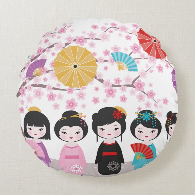 Japanese Kokeshi Dolls Round Pillow (Front)