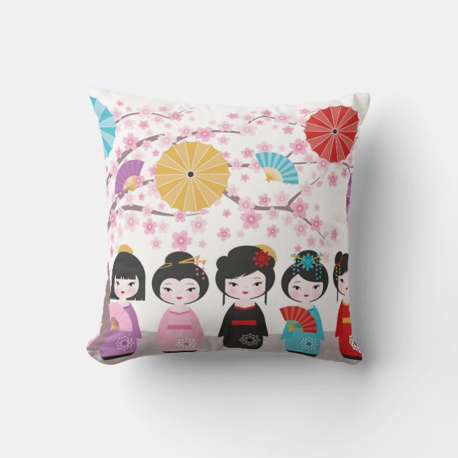 Japanese Kokeshi Dolls Throw Pillow (Front)