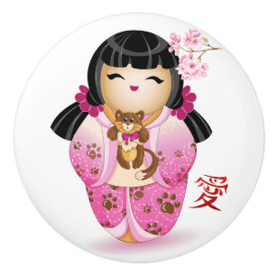 Japanese Kokeshi Love Doll Ceramic Knob