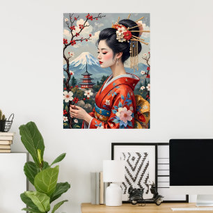 Japanese Lady with Mount Fuji Poster