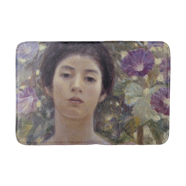 Japanese Lady with Purple Morning Glory Flowers Bath Mat (Front)