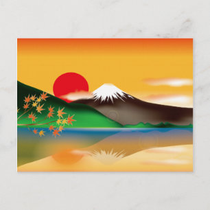 Japanese Landmark Mount Fuji with Orange Sunset Postcard
