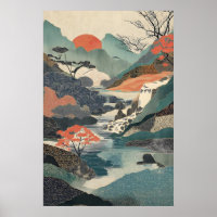 Japanese Landscape Art Print Waterfall, Red Sun