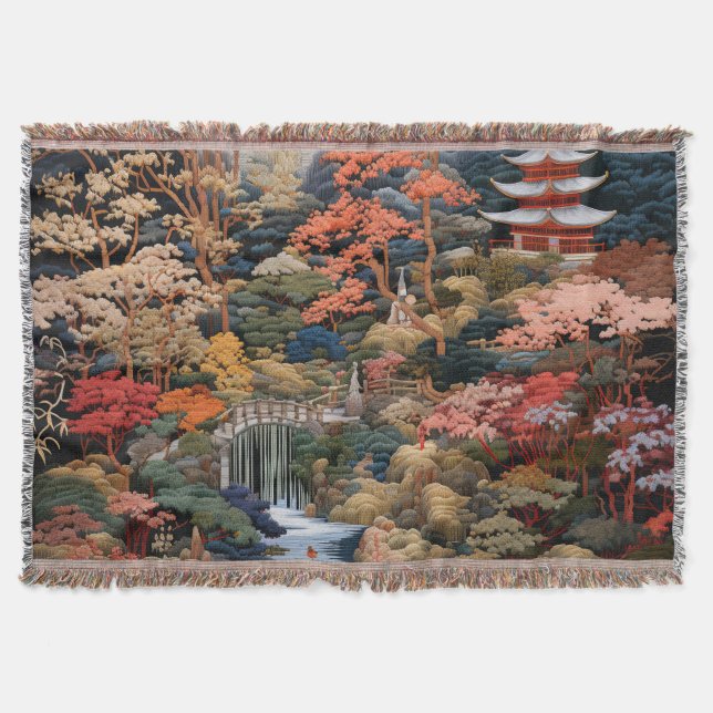  Japanese Landscape Art: Waterfall and Village Throw Blanket (Front)