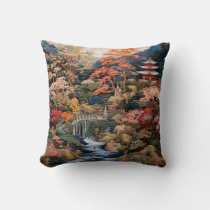 Japanese Landscape Art: Waterfall and Village Throw Pillow