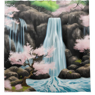 Japanese Landscape Cherry Blossoms And Waterfall