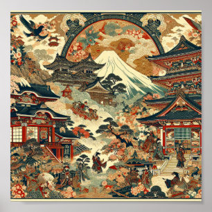Japanese Landscape Mt Fuji Temples Cherry Blossoms Poster